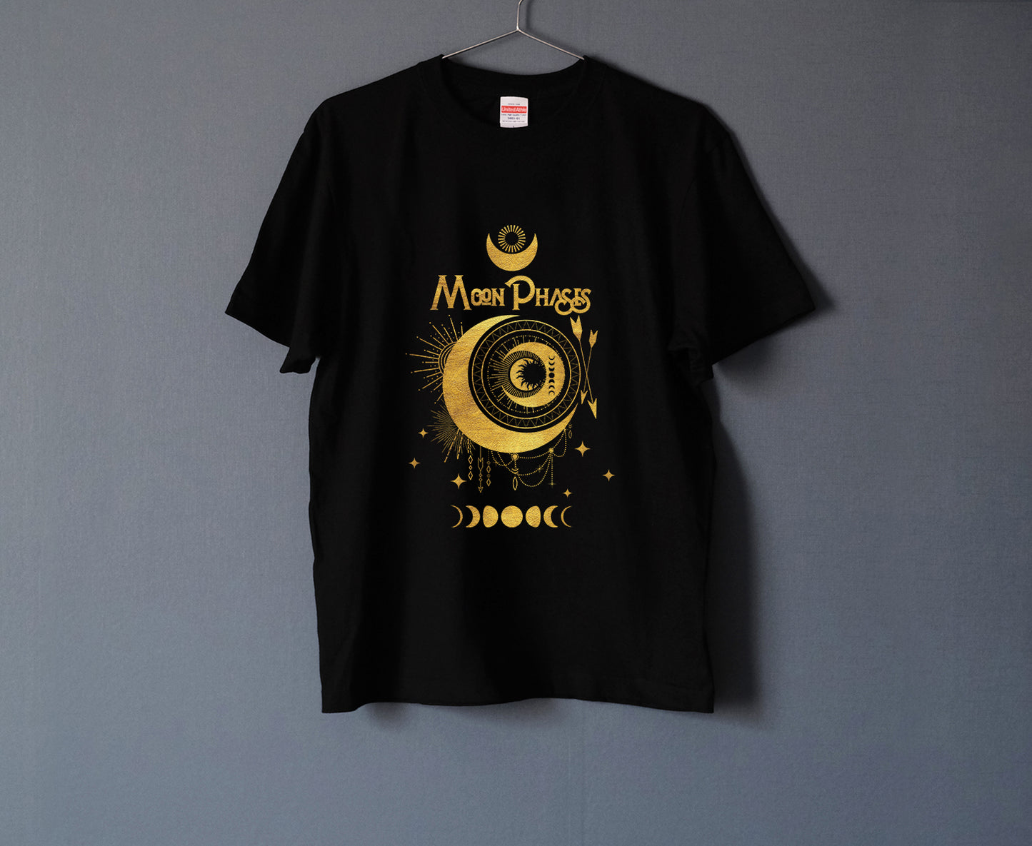 三日月が輝く月の満ち欠け Tシャツ ゴールド BLACK(men)