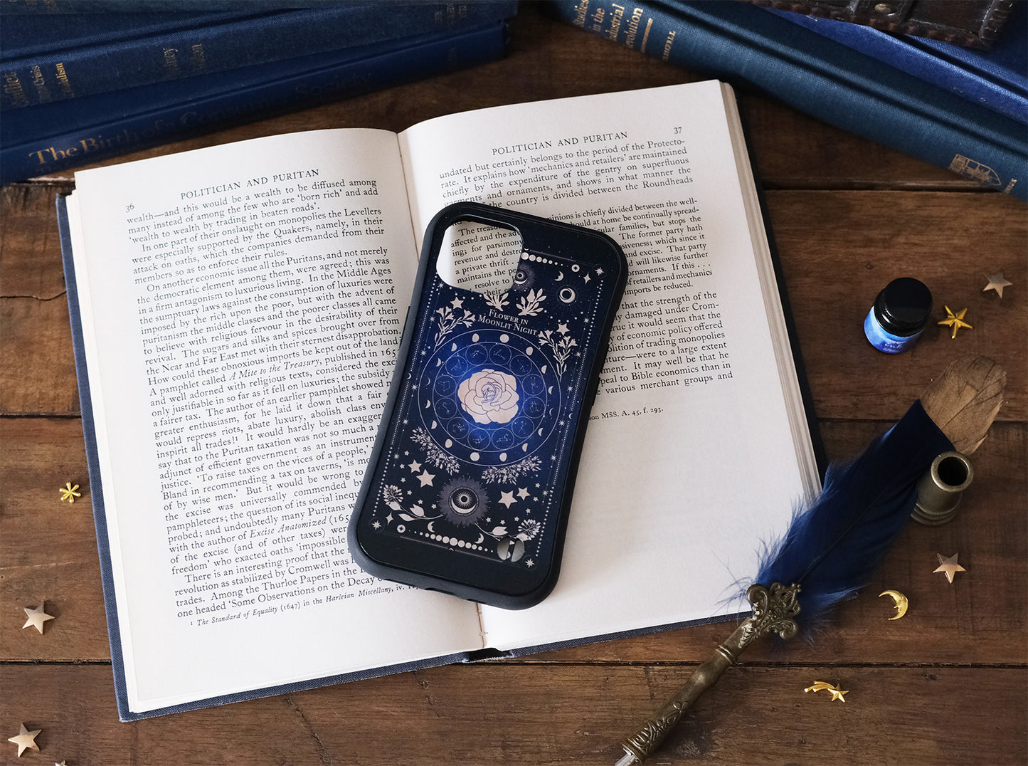 【iPhoneグリップケース】架空の洋書 "月夜の花" 12星座とアンティークフラワーの本