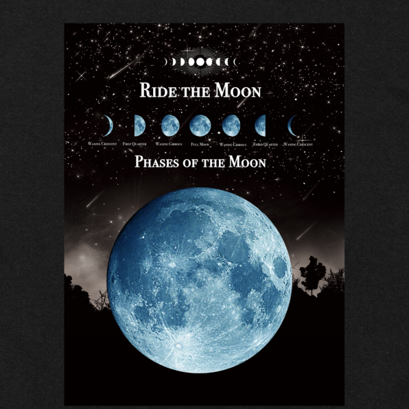 月の事柄が描かれた "RIDE THE MOON" Tシャツ (black)男女兼用