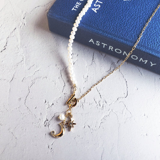 淡水パールと揺らめく月と星ネックレス