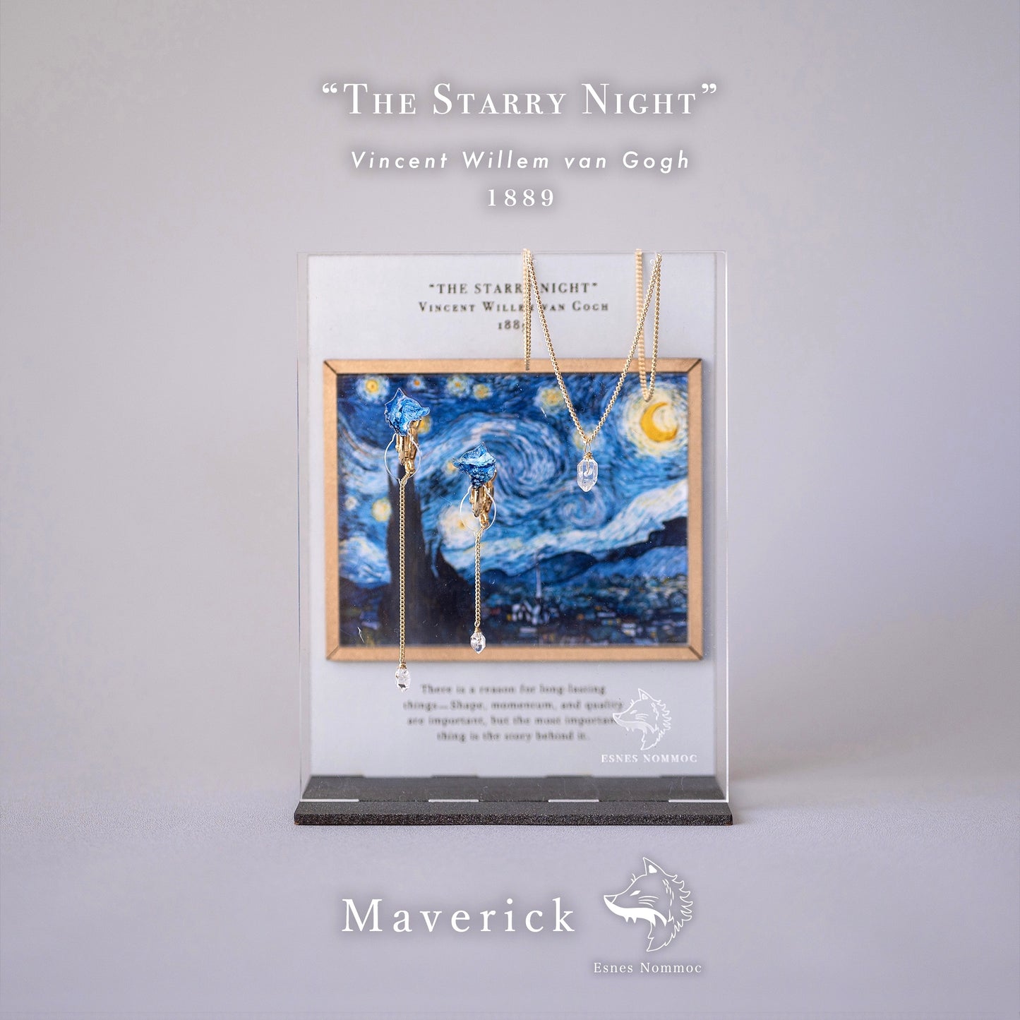 ゴッホ「星月夜」狼の耳飾り&ハーキマーダイヤモンドネックレス&スタンドセット