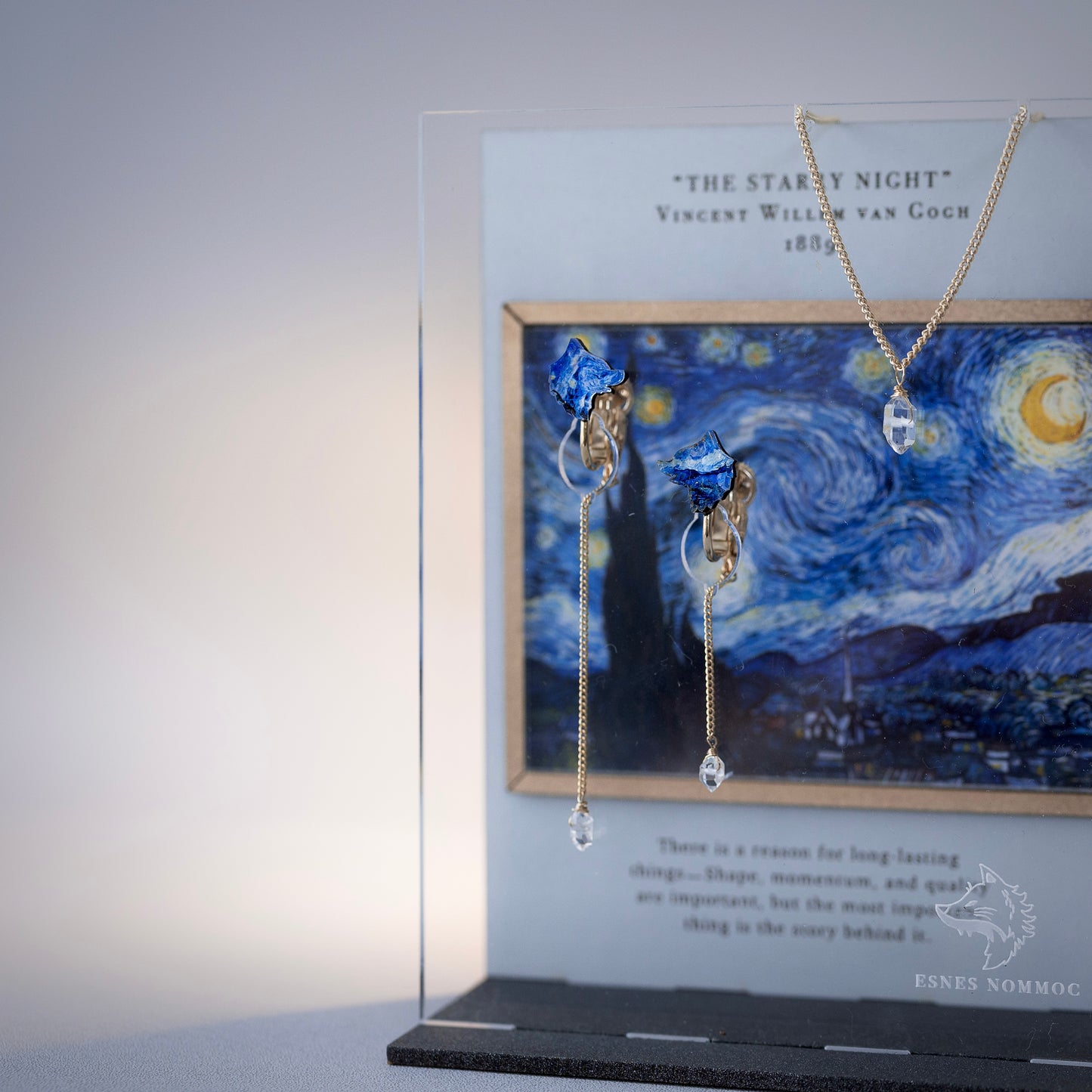 ゴッホ「星月夜」狼の耳飾り&ハーキマーダイヤモンドネックレス&スタンドセット