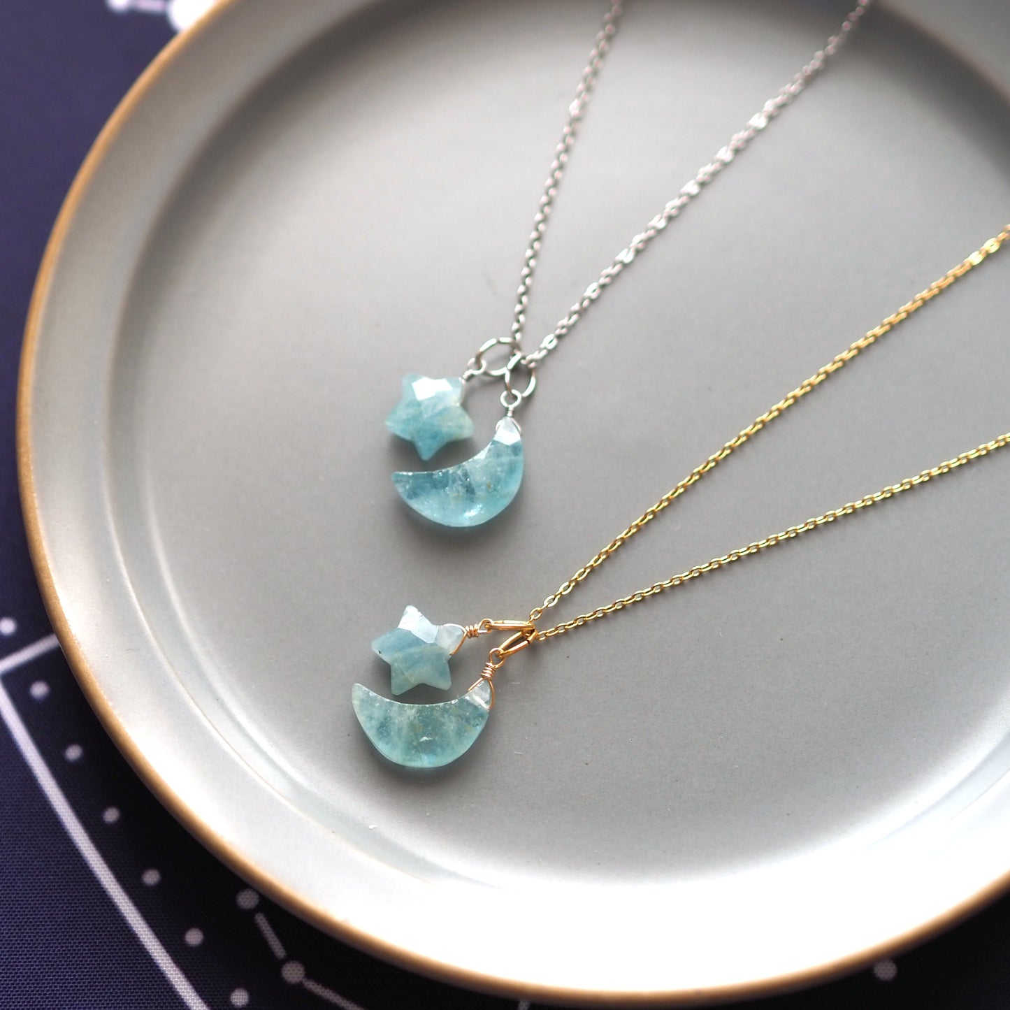 【3WAY】月×星ペンダント／アクアマリン・天然石アクセサリー