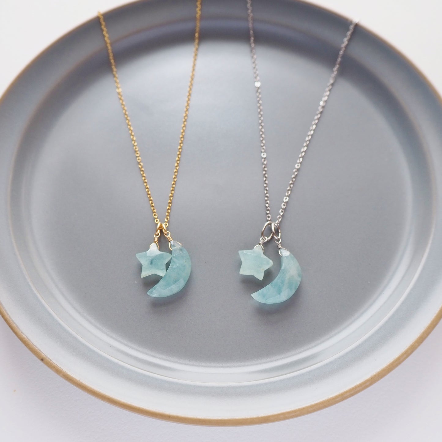 【3WAY】月×星ペンダント／アクアマリン・天然石アクセサリー