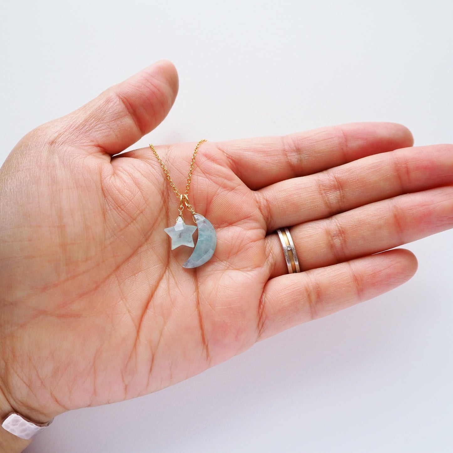 【3WAY】月×星ペンダント／アクアマリン・天然石アクセサリー