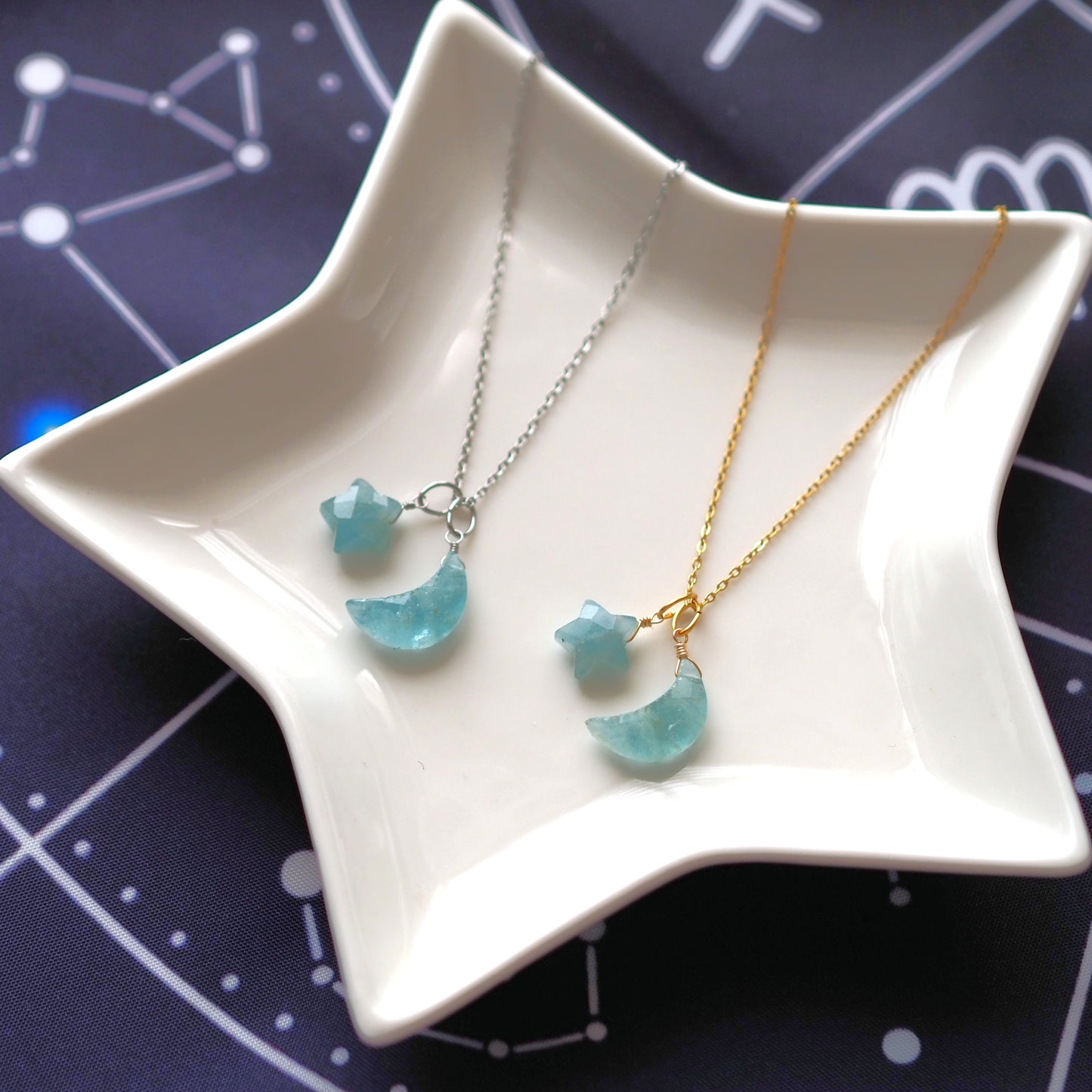 【3WAY】月×星ペンダント／アクアマリン・天然石アクセサリー
