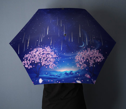 【折りたたみ傘・日傘】夜桜と流星群の景色／晴雨兼用