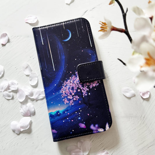 【手帳型iPhoneケース】夜桜と流星群の景色