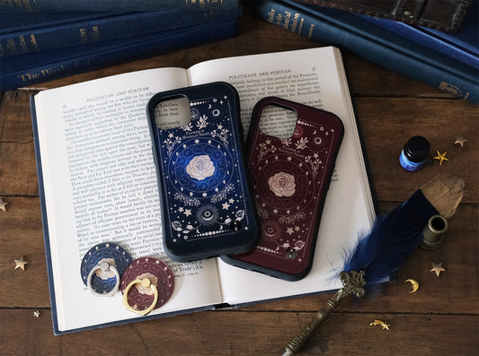 【iPhoneグリップケース】架空の洋書 "月夜の花" 12星座とアンティークフラワーの本
