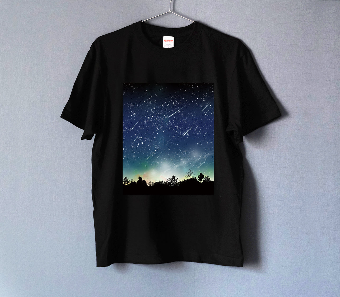 夜空に降り注ぐ流星柄 Tシャツ BLACK 男女兼用