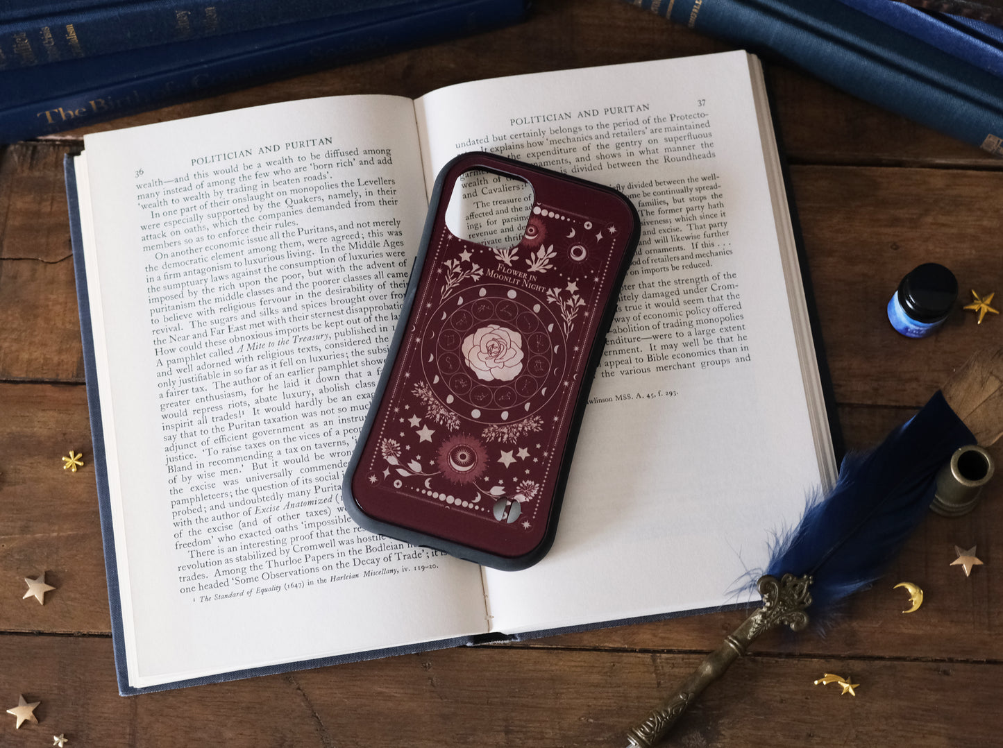 【iPhoneグリップケース】架空の洋書 "月夜の花" 12星座とアンティークフラワーの本