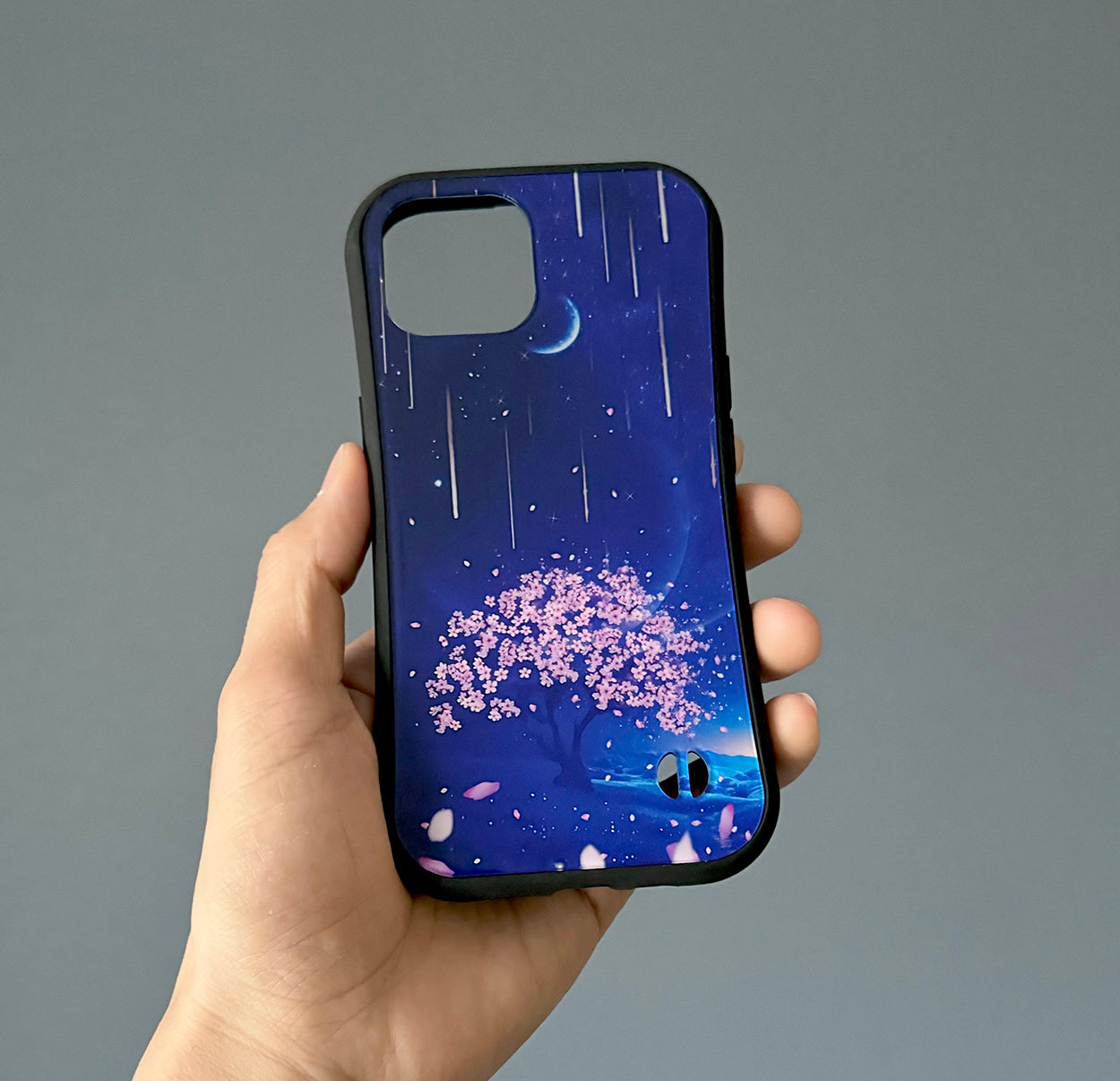 【iPhoneグリップケース】夜桜と流星群の景色 iPhoneグリップケース