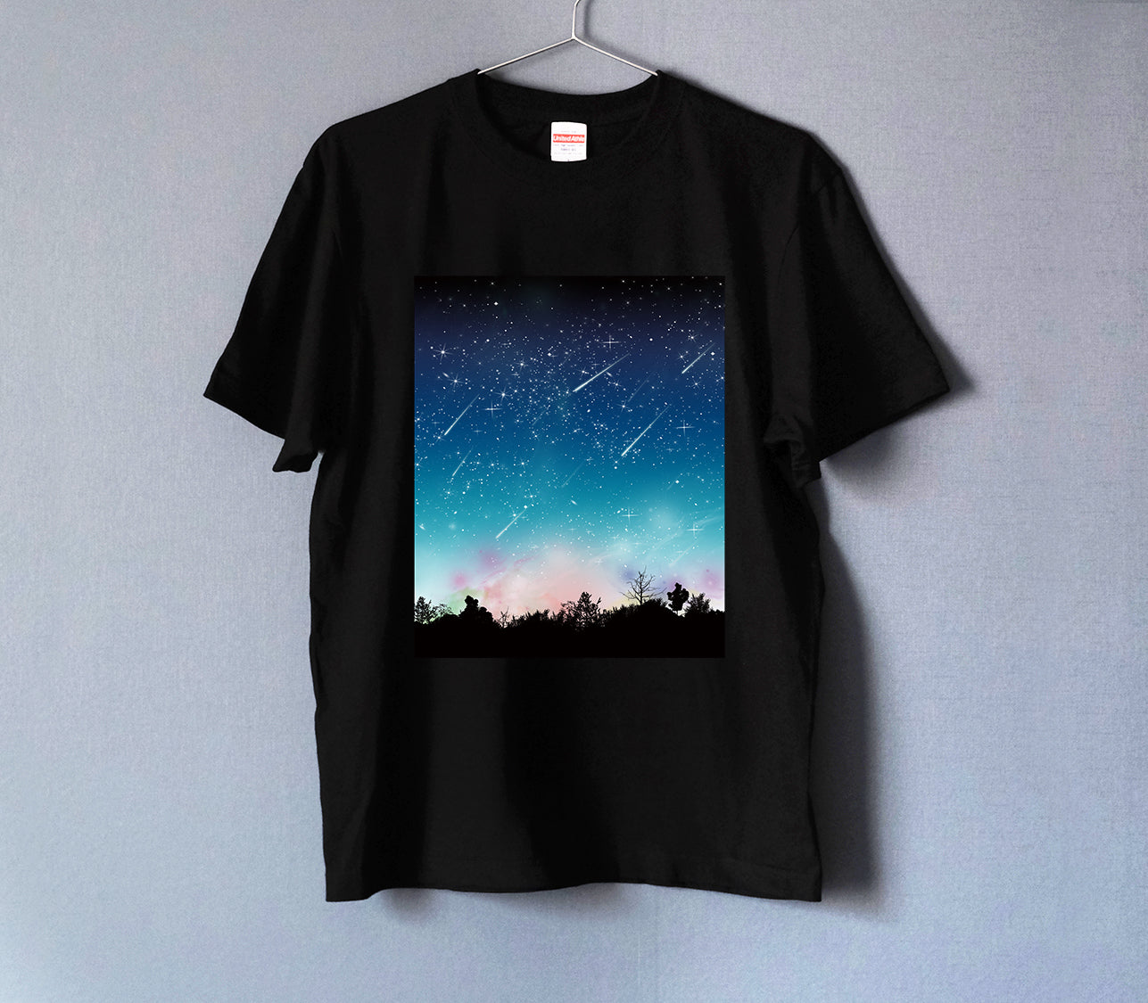 夜空に降り注ぐ流星柄 Tシャツ BLACK 男女兼用