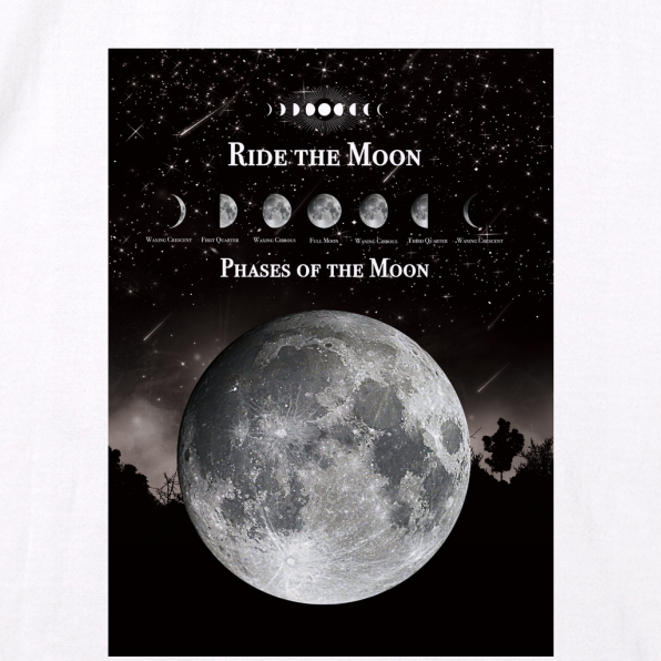 月の事柄が描かれた "RIDE THE MOON" Tシャツ 男女兼用