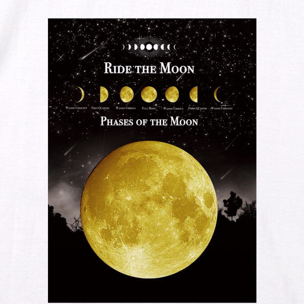 月の事柄が描かれた "RIDE THE MOON" Tシャツ 男女兼用