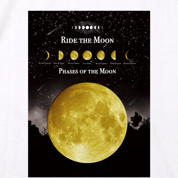 月の事柄が描かれた "RIDE THE MOON" Tシャツ （white）男女兼用