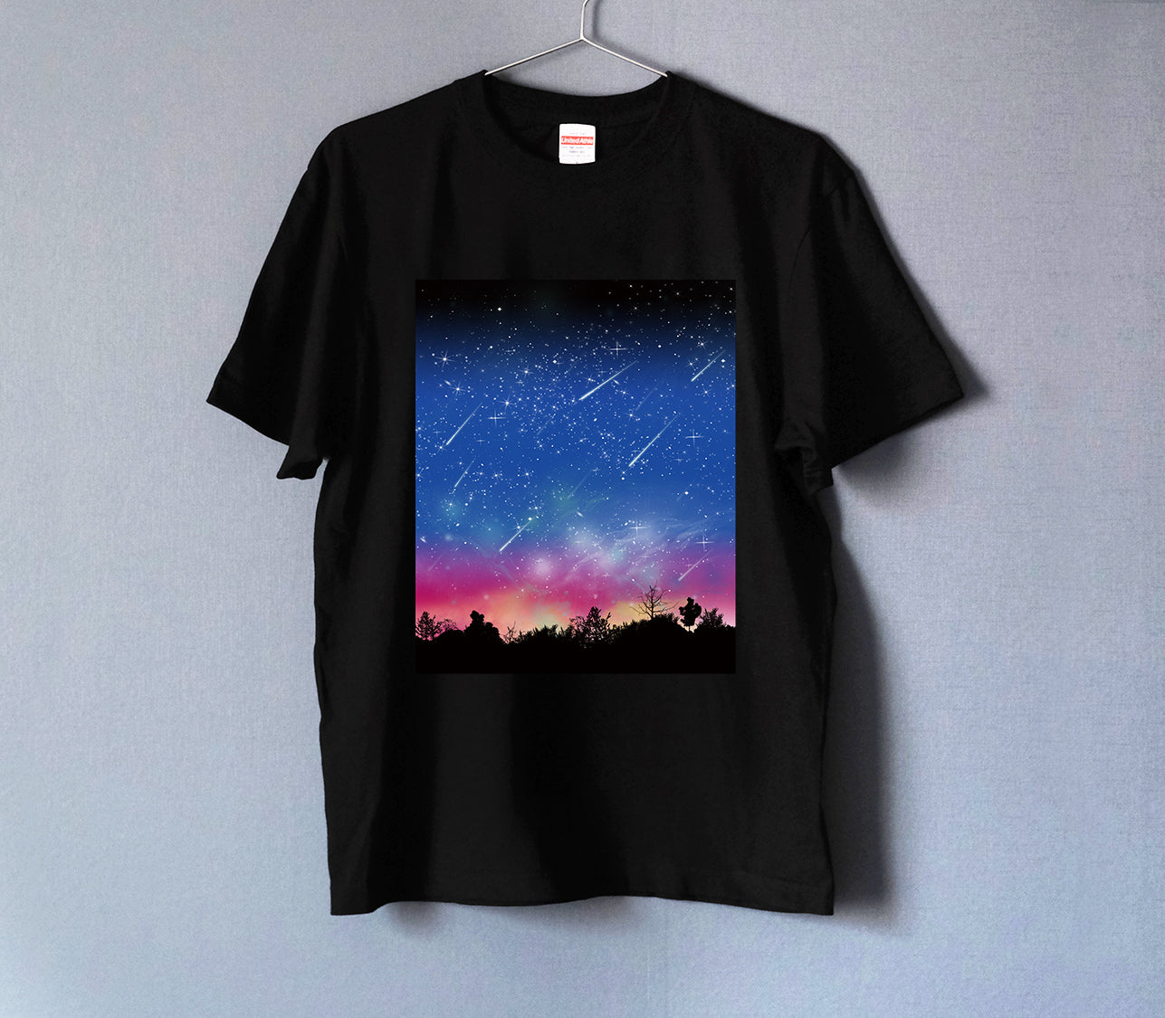 夜空に降り注ぐ流星柄 Tシャツ BLACK 男女兼用