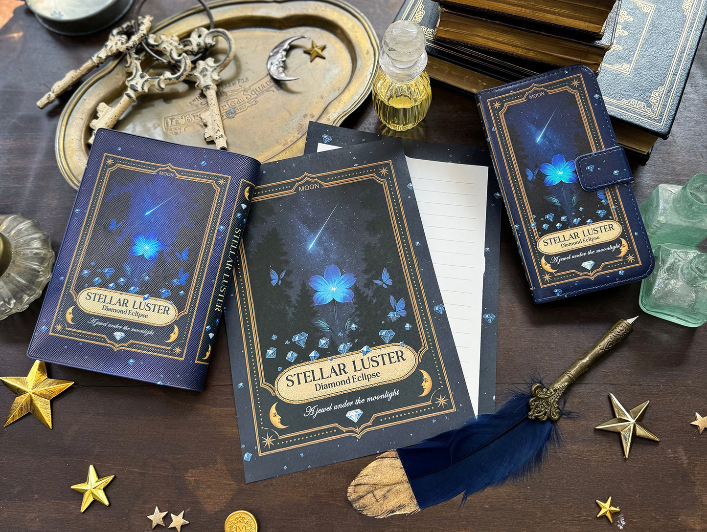 【レターセット】星空香水瓶 青い花とダイヤと蝶々 ラベル柄