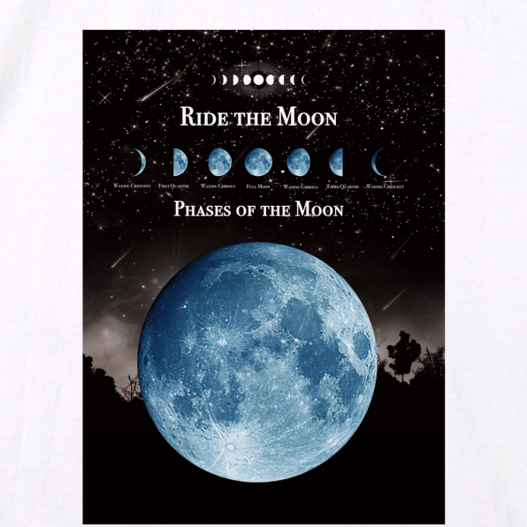 月の事柄が描かれた "RIDE THE MOON" Tシャツ 男女兼用