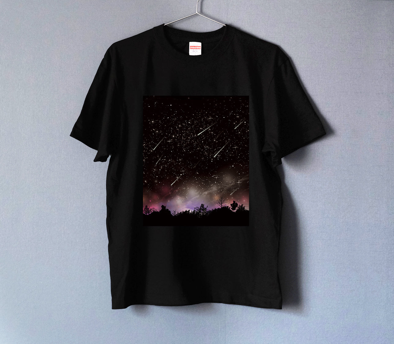 夜空に降り注ぐ流星柄 Tシャツ BLACK 男女兼用