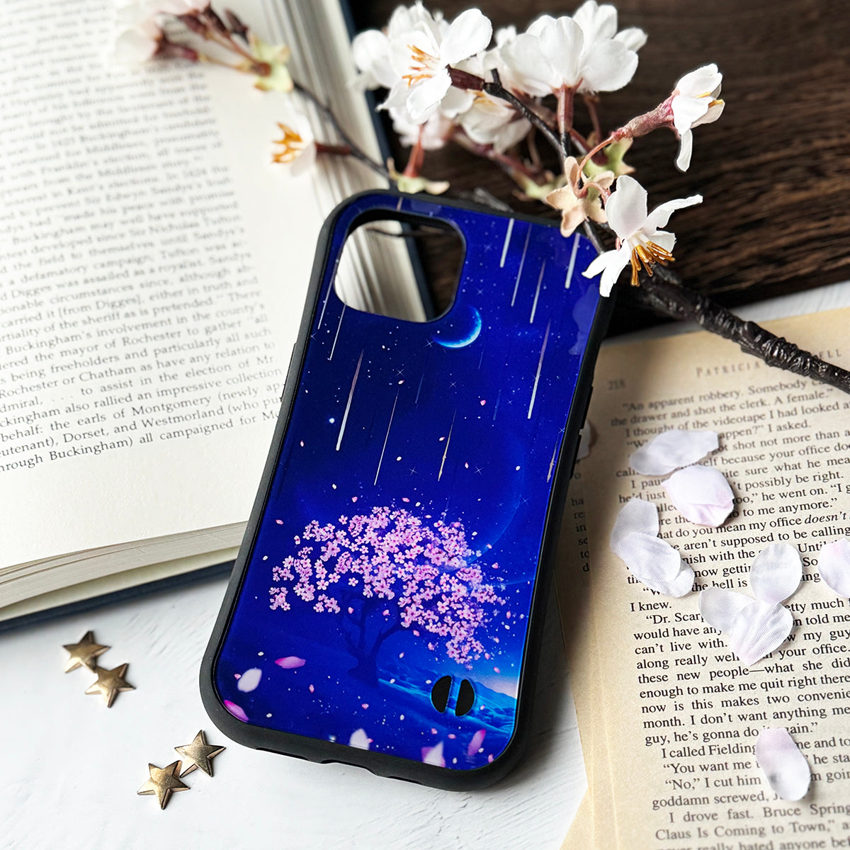【iPhoneグリップケース】夜桜と流星群の景色 iPhoneグリップケース