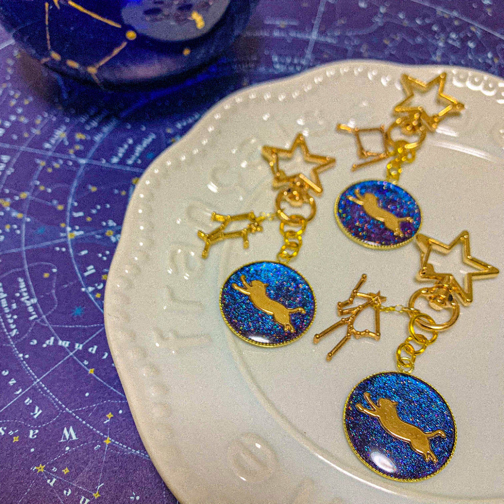 12星座に飛びつくねこの満天の星空キーホルダー