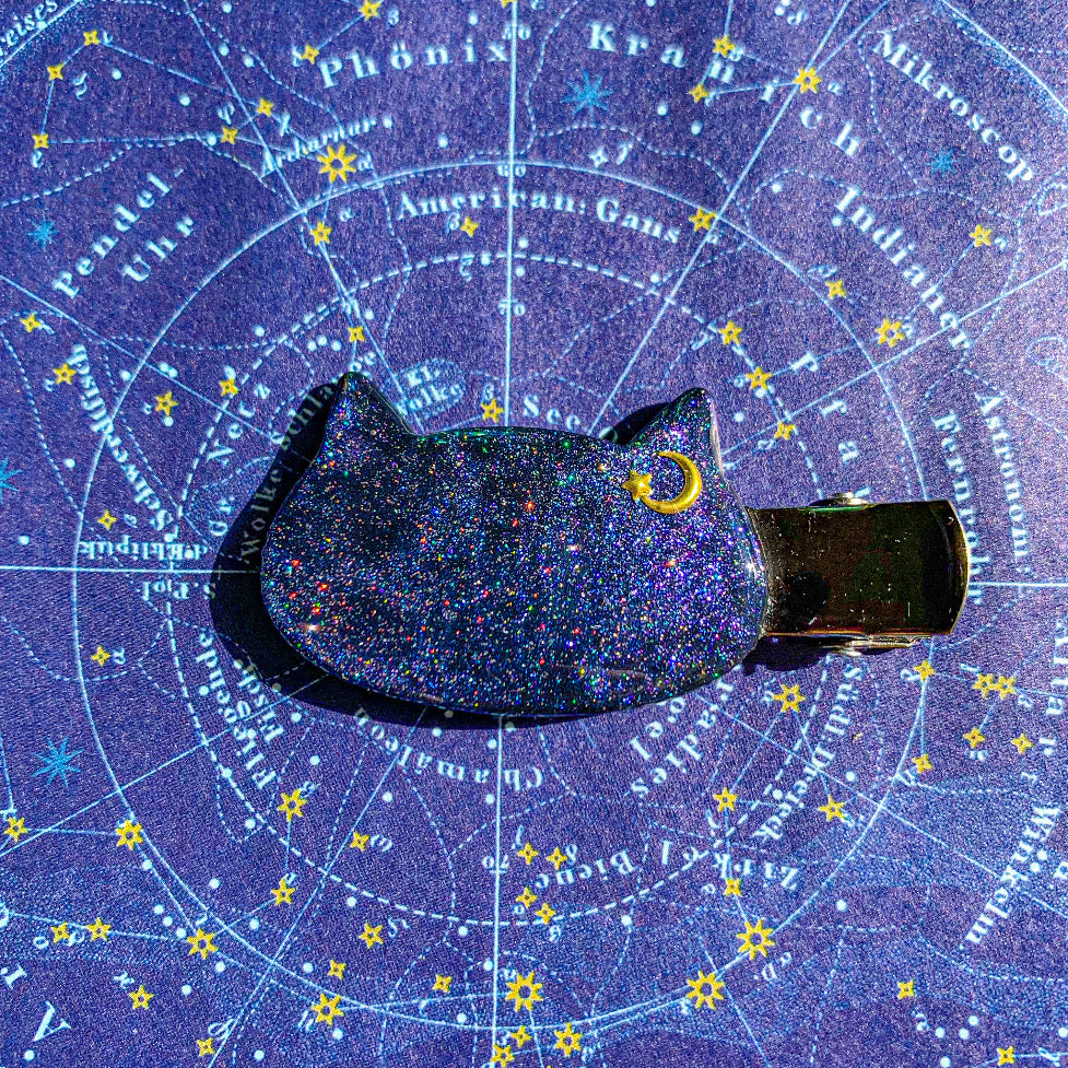 宇宙猫の月・宝石耳飾りヘアクリップ〜 満天の星空に染められて 〜 両