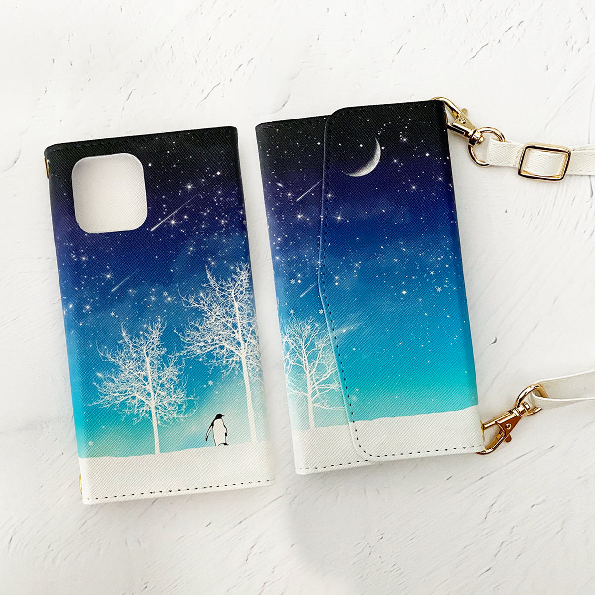 【三つ折り手帳型スマホケース/ショルダーストラップ付き】冬の星空（iPhone）