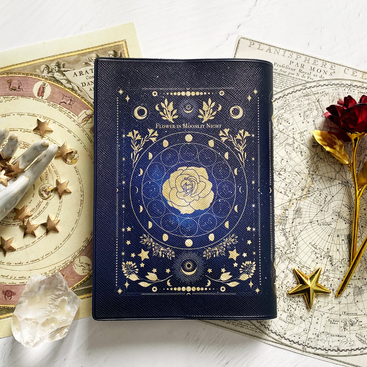 【ブックカバー】架空の洋書 "月夜の花" 12星座とアンティークフラワーの本
