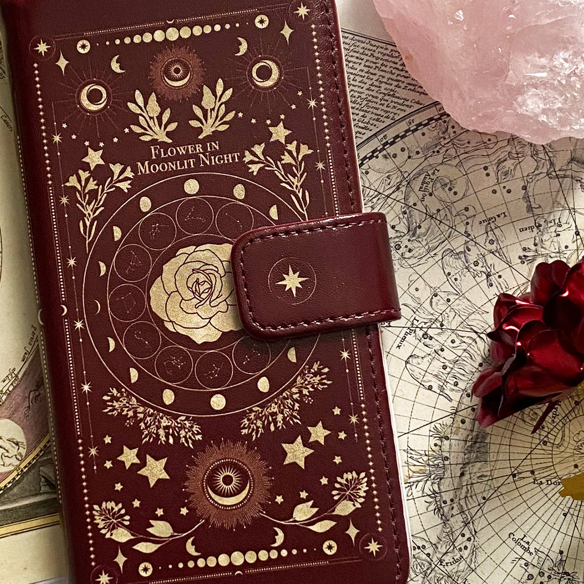 【手帳型iPhoneケース】架空の洋書 "月夜の花" 12星座とアンティークフラワーの本